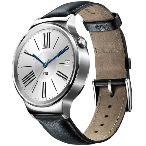 ساعت هوشمند Huawei واچ نقره ای مدل Silver Steel Case With Black Leather Band